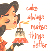 deemoyza: Dark-haired woman blowing out a candle on a small cake ("Cake always makes things better")