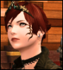 shanaqui: A red-haired female character with a black tattoo on her face looks up past the camera. She is wearing a black tiara and you can see the collar of a black coat. Her expression is neutral. ((Eirian) Look up)