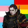 kavyina: A drawing of a haf-elf in armor over a background of the trans pride flag and the rainbow pride flag. (pride kovacs)