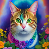 ysilme: AI image, tabby and white kitten surrounded by rainbow colours and flowers with some colour in its fur. (Rainbow kitten)