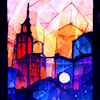jackbirdlee: A stained glass image of a building with a moon in the night sky (Default)