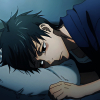 saddertheys: image of okkotsu yuta from jujutsu kaisen laying down with his head on a pillow, face turned to the side and a hand up beside the pillow. he has heavy bags under his eyes. (okkotsu yuta)