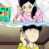 militarypenguin: Tsubomi on the phone in the top image, Mob on the phone in the bottom image, a bright blue squiggly line between them, from Mob Psycho 100 III. (MP100 - on call)