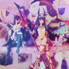 ai: anime figurines sitting on top of the shelf with nitocris and yami yugi as the focus (pharaoh)
