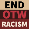 libitina: “END OTW RACISM” in bold text, each word on a single line against a contrasting color in shades of red and brown. (#endOTWracism)