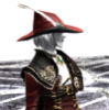 destinidestati: Primarily greyscale screencap from FFXIV of an elezen wearing a large red hat and red jacket (Default)
