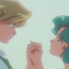 knave_of_swords: Profile view of Haruka and Michiru holding hands and staring into each other's eyes (harumichi love)