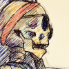 swirlingflight_creates: sideview pen sketch of a skull with sunglasses secured by a headband (skele)