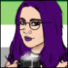 ashkaztra: A stylized drawing of a pale woman with purple hair, holding a cup of tea. The background is the aromantic flag (Default)