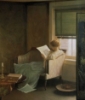 whimsyful: william churchill's leisure - a painting a blonde woman reading by a half-open window with muted green shades (women reading by window muted green)