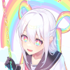 green_joy: Close up of anime girls face. She has white hair, rainbow eyes, and rainbow ponytails (Default)
