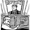 passingbuzzards: Cartoon man in bed with photo on other pillow, under poster reading "NEMESIS" (nemesis)