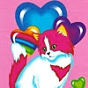 gloom_and_rainbows: A hot pink and white coloured cat, posed in front of different coloured hearts. (cat)