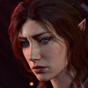 anghraine: a close-up of the face of a bg3 female half-elf cleric with messy wavy hair and a serious expression (larissa (face))