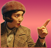amedia: Young Chinese woman in a brown plaid coat and tan beret looking excited and pointing toward the right; no caption (Detective L - Qin Xiao Man 1)