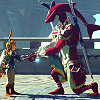 yarnofariadne: sidon kneeling in front of link, holding his hand. (game: blue of the sea meets the sky)