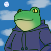 phrokk: anthropomorphic frog wearing dark hoodie looking at a sky. it's daytime but moon is visible. (Default)