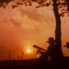 linky: Ken sitting with his guitar by a tree, looking at a sunset (Zubat: Sunset)