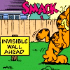 belle_meri: Scene from Garfield Comics where Garfield smacks into the edge of the comic; sign nearby reads "Invisible Wall Ahead" (Invisible Wall Ahead)