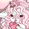 ai: a horned girl with cherry blossom branch markings sipping on a pink heart drink (🌸🧋)
