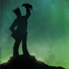 flowersforgraves: In-game art from Sunless Sea of the port Nuncio. A silhouette of a postal carrier with a bag wearing a crown, holding a rat aloft, against a blue-green background. (gaming: bazaarniverse)
