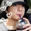 celli: Jungkook wearing a bucket hat and drinking some sort of drink with a straw. There are hearts all along one side of the icon. (jk straw)