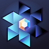 blazingdarkness: a hexagonal gemstone, split vertically into yellow and blue.  triangles of light blue (on the left) and black-purple (on the right) swirl around it in an abstract flower shape. (Default)