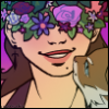 ladytauria: a cartoon icon featuring a brunette. her eyes are obscured by a crown of purple flowers. she’s smiling, while a cat sniffs her face. (flower crown, picrew)