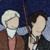 celli: A closeup of an embroidery of Namjoon and Jin standing under an umbrella (Namjin closeup embroidery)