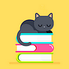 musyc: Illustrated black cat on stack of colorful books (Reading: Cat on stack)
