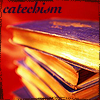 catechism: stack of old books on a red background (bookstack)