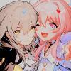 lovesgaze: honkai star rail's march 7th and stelle with their cheeks pressed together. (月星)