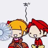 jellyfishlover: A drawing of chibi versions of Beato and Battler sitting in front of an electric fan. (Umineko -- A)