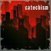 catechism: black shadows of liquor bottles against a red background, with 'catechism' in white in the top right. (bottles)