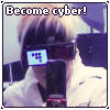 mouseboy: Sharaku with his FLOPPY outfit and visor on, taking a selfie with his flip phone. Text: Become cyber! (sharaku cyber!)