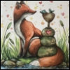 edentastic: A fox, surrounded by greenery and hearts, with its tail wrapped around a pedestal holding a cup containing a fish.  The fox and the fish are looking at each other. (Default)