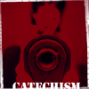 catechism: barrel of a gun in the foreground; there's a woman pointing it, but she is blurry and red and far away. (gun)