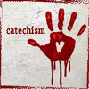 catechism: dripping blood-red hand graffiti on an off-white wall, with a heart in the center of the palm. (Default)