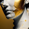 divasmio: Close up of a marble statue's face lined with gold cracks (xAU - Cracked Face)