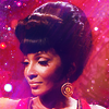 scintilla10: Uhura gazing down with a smile on her face against a glittery red spacescape (ST:TOS Uhura)