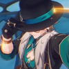 doomed_gambler: Aventurine with his hat tilted over his eyes, his other hand lifted toward the camera. (Attack)