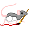 soc_puppet: A gray hooded dumbo rat dragging a paintbrush along the ground; the brush is drawing a line of red. (Art Rat)