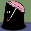 yelloweyesdarksomething: a pink hello kitty umbrella casts really really dark shadows where all you can see is a pair of yellow eyes (Under the Umbrella)