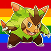 javert: quilladin with a rainbow stripes background (pkmn quilladin gay)