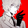 mizerable: fanart of goro akechi from persona 5 putting his black glove on his hand with a bright red background (---)