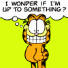 trillingstar: hehe garfield | cartoon Garfield the cat grins enticingly, text bubble reads I wonder if I'm up to something? (toon little ole me)