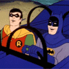 goodbyebird: Old-school animated Batman and Robin headbopping to some sick tunes in the Batmobile. (♫ great swingin tunes Batman!)