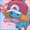 red_the_mudkip: Mudkip wearing a Pokemon Trainer Red hat against a pink and blue background. Text in the bottom left corner that says "RED" (Default)