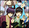 rainsometimes: Official Gintama art from the "Gintama Five" CD cover. Shoyo Yoshida is bending down to wave at the viewer next to Oboro, Takasugi, Katsura, and Gintoki as children. (shoka sonjuku)