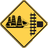ships_crossing: A U.S. road system railroad crossing sign, except instead of a road, it's a full-rigged, three-masted ship. (railroad_crossing)